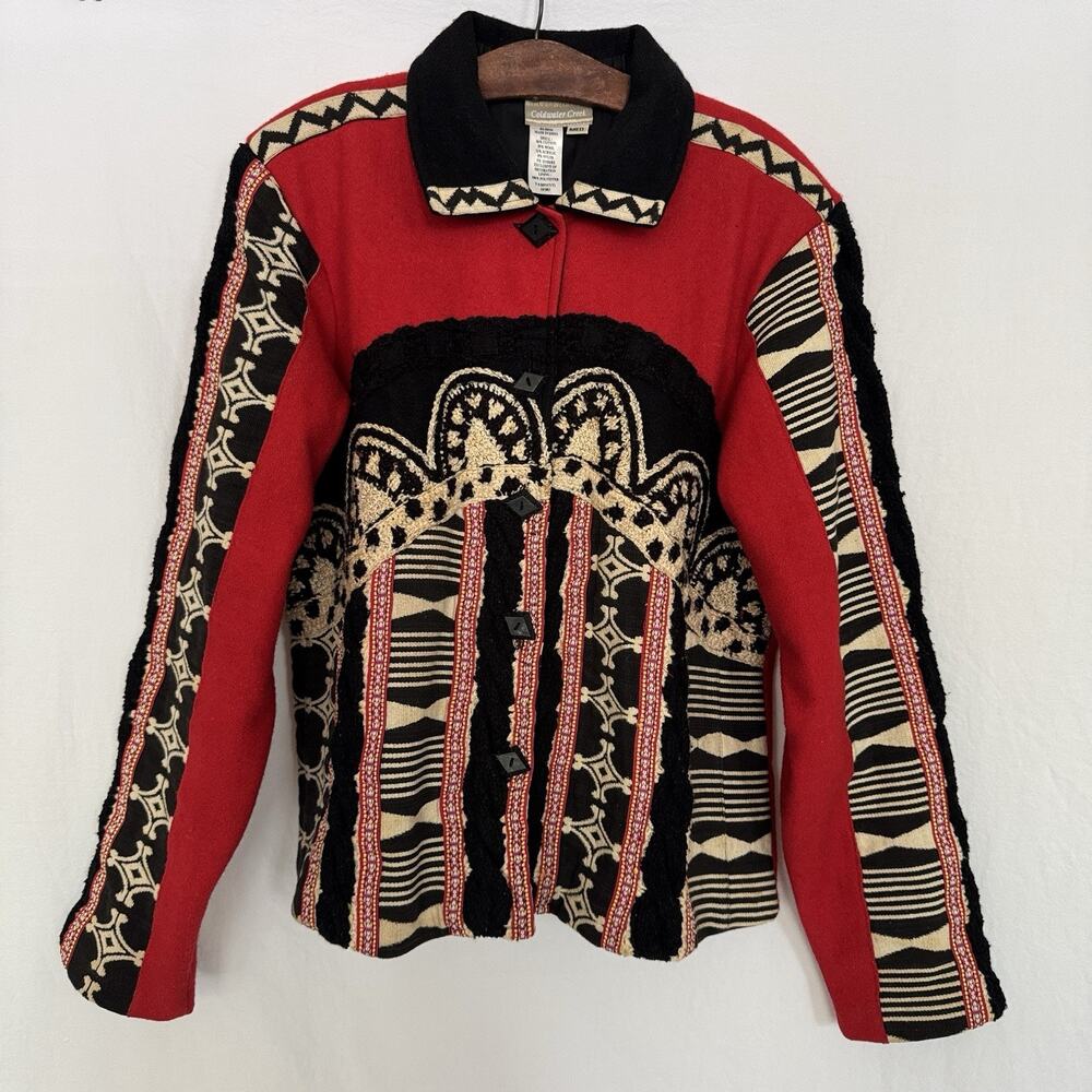 Coldwater Creek Tapestry Jacket Red Black Boucle Aztec Southwestern Geometric M